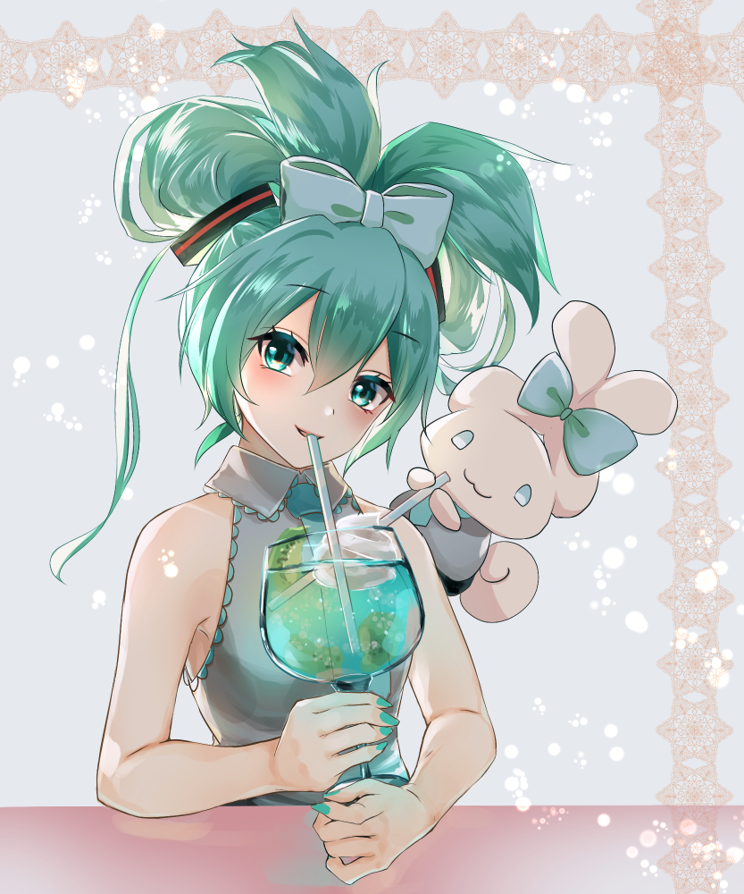 hatsune miku 1girl drinking straw ear bow bow hair bow updo cup  illustration images