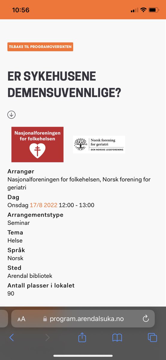 Norsk forening for geriatri (@forgeriatri) on Twitter photo Arendalsuka er i gang! Vi arrangerer felles seminar med Nasjonalforeningen for folkehelsen <a href="/Nf_folkehelsen/">Nasjonalforeningen</a> i morgen onsdag! Er sykehusene demensuvennlige? Arendal bibliotek kl 12-13. Link til program: program.arendalsuka.no/event/user-vie… <a href="/legeforeningen/">Legeforeningen</a> @arendalsuka Arendalsuka er i gang! Vi arrangerer felles seminar med Nasjonalforeningen for folkehelsen <a href="/Nf_folkehelsen/">Nasjonalforeningen</a> i morgen onsdag! Er sykehusene demensuvennlige? Arendal bibliotek kl 12-13. Link til program: program.arendalsuka.no/event/user-vie… <a href="/legeforeningen/">Legeforeningen</a> @arendalsuka