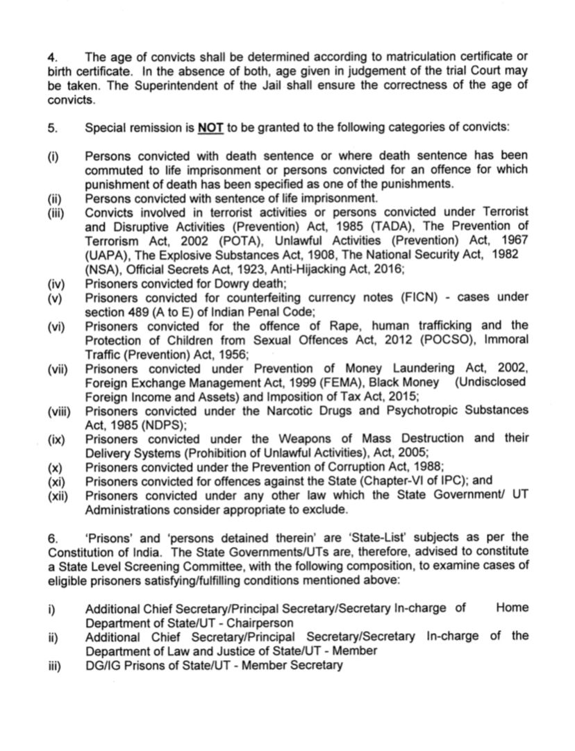 SreenivasanJain's tweet photo. In June this year, the Centre issued guidelines to states on a prisoner release policy to coincide with Azadi Amrit Mahotsav. 

Amongst the categories *not* eligible for special release: rape convicts. And those convicted for life. @MariyamAlavi  @OnReality_Check #Bilkis https://t.co/y5fcCfvs7X
