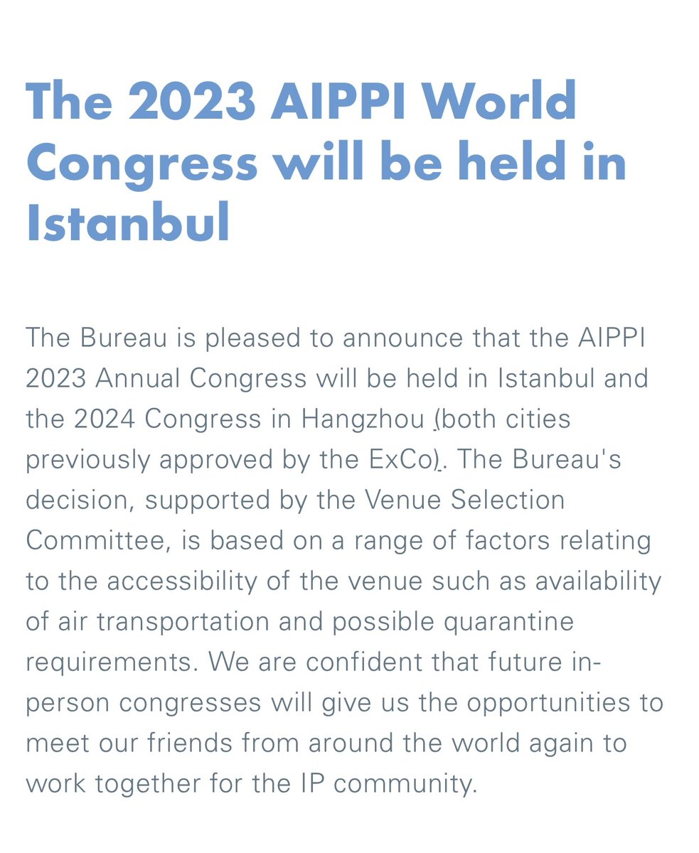 aippiturkey's tweet photo. Uluslararası Büro’nun, Kongre Koordinasyon Komitesinin ve Yönetim Kurulumuzun çalışmaları sonrasında alınan kararla, AIPPI 2023 Dünya Kongresi İstanbul’da gerçekleştirilecektir. Tüm katılımcılara unutulmaz bir kongre yaşatmak için tüm üyelerimizin desteğini bekliyoruz. https://t.co/DXUxH29Ecg