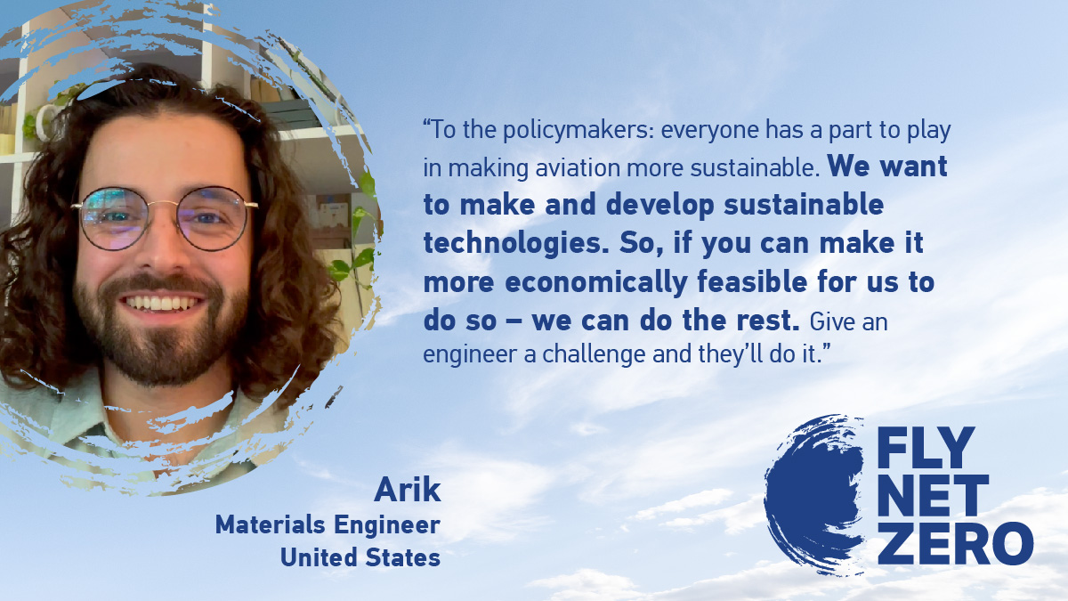 IATA's tweet photo. Aviation professionals are calling on governments to adopt a long-term climate goal for the sector at the @ICAO Assembly, in line with the industry’s #FlyNetZero ambition. 

📹 https://t.co/i3krW5DP1P
Featuring: Arik, Materials Engineer, 🇺🇸 
@enviroaero https://t.co/vKB6Af0dw5