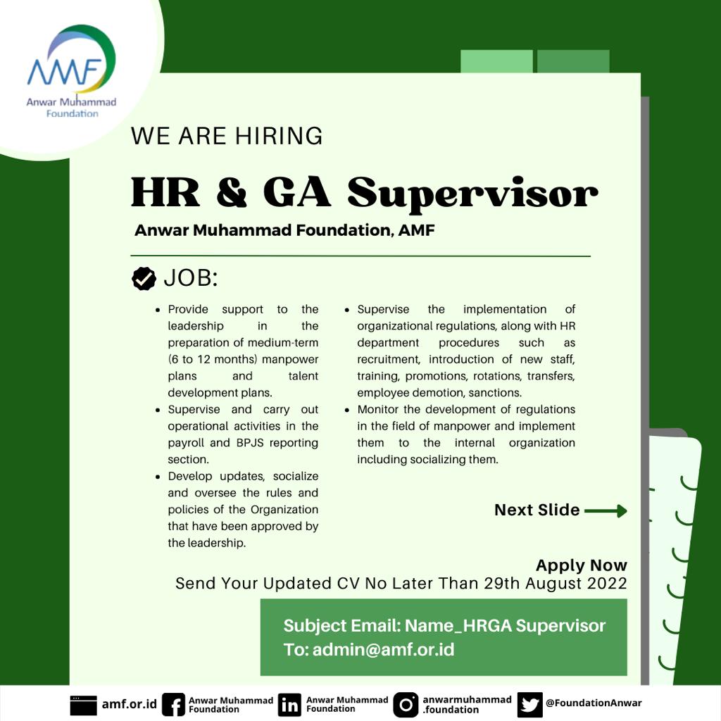 FoundationAnwar's tweet photo. We are hiring: HR &amp; GA Supervisor,

with the terms and conditions below.

Send your updated CV to email: admin@amf.or.id

#AnwarMuhammadFoundation #AMF #KabarAMF #infoloker #infolowker #infolokerjakarta #infolowkerjakarta #lokerjakarta #lowkerjakarta #lowongankerja https://t.co/GVO1QhaWy0