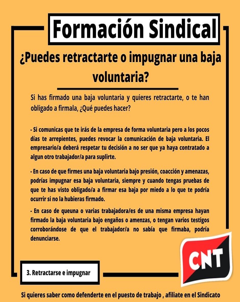 <a href="/CNTCatalunya/">CNT Catalunya-Balears</a> <a href="/CNT_Barcelona/">CNT Barcelona</a> <a href="/eurestcntbcn/">Secció CNT-Eurest</a> <a href="/cntapplepdg/">Sección Sindical CNT Apple PDG</a> <a href="/mediaprocntbcn/">Secció CNT Mediapro Barcelona</a> <a href="/enertikaCNTbcn/">Sección Sindical de CNT en Enertika</a> <a href="/cntpremia/">Sindicato de Premià</a> <a href="/CNTpinedademar/">CNT Pineda i Comarques Maresme i la Selva.</a> <a href="/CNTMataro1/">Sindicat CNT Mataró</a> <a href="/CNTValles/">CNT Vallès Oriental</a> La Baja Voluntaria
¿Qué pasa si presentas o firmas una baja voluntaria?
¿Puedes retractarte de haberla comunicado? Si crees que existe alguna vulneración ¿Puedes denunciar una baja voluntaria? 
#cuentaconCNT