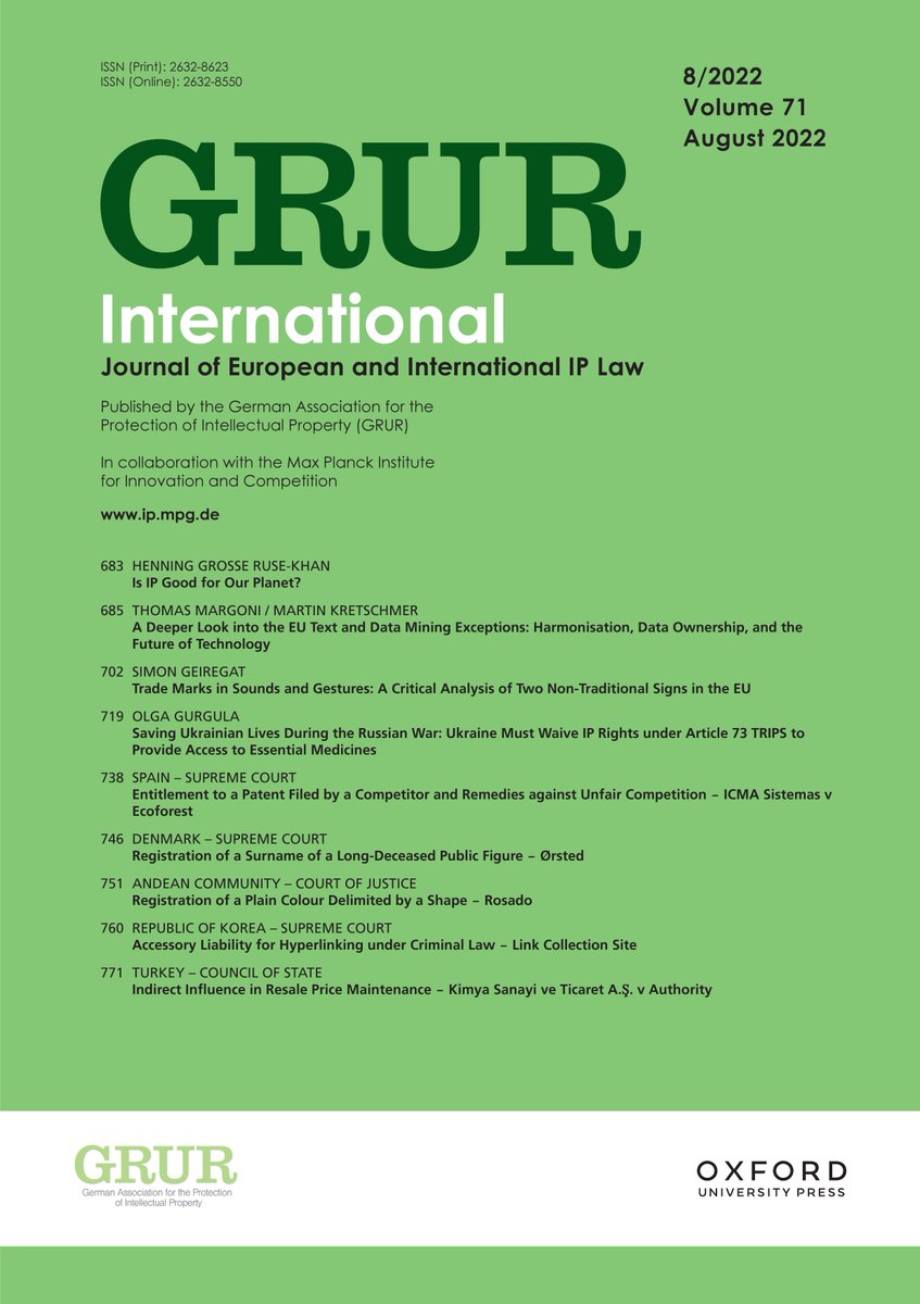 GrurInt's tweet image. Our August issue is out! Read about #Copyright Exceptions for #TextandDatamining, #NonTraditionalMarks, #Patents, Access to #EssentialMedicines in times of war, #IoT, courts decisions in multiple jurisdictions and much more! #ip #tdm #GrurInt