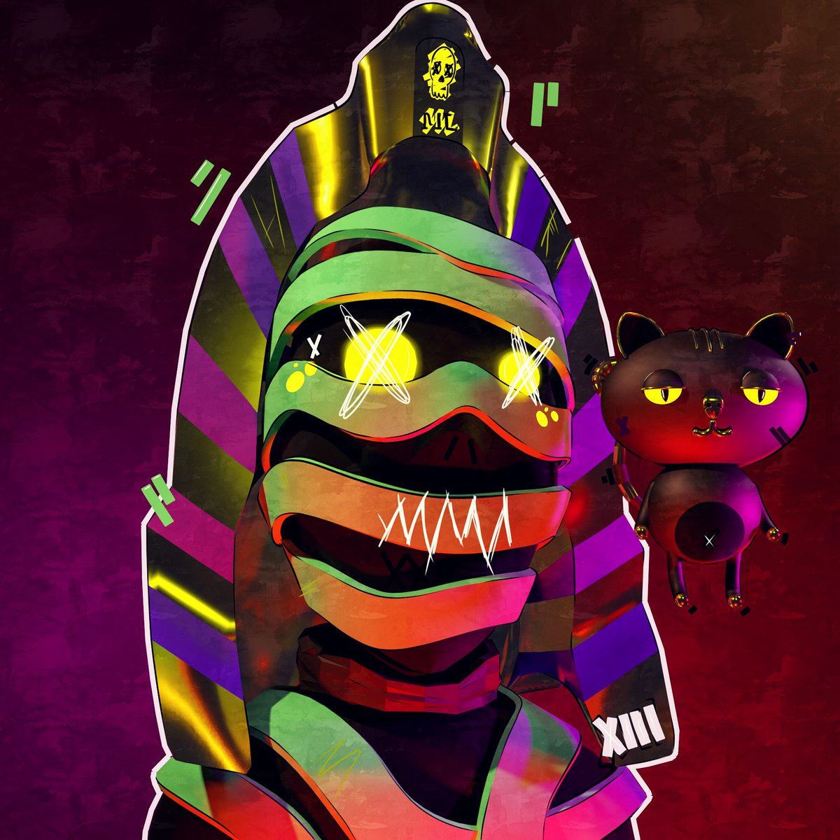 RainNft's tweet photo. @MonsterlandNFT
 I wanted something different, so I created a Monster in 3d.
DNA: Mummy
Eyes: Glowing in the dark
Nose: Hidden
Body: Covered with bandages.
Head: Pharaoh's helmet
Background: Pharaoh's tomb
Mini-Monster: Divine Cat
#meetthemonsters https://t.co/fd7C34JiwV