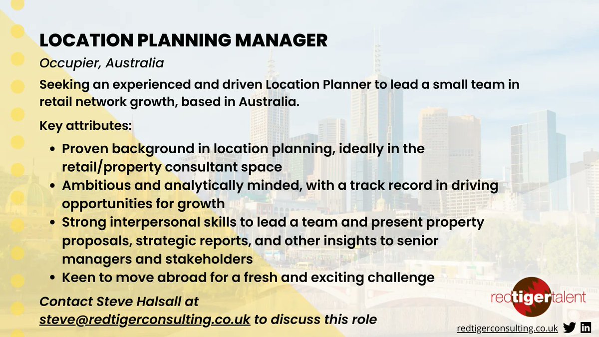 redtigerconsult's tweet photo. Looking for your next challenge as a #LocationPlanner? Excited at the prospect of moving abroad? 🇦🇺
Contact @halsally at steve@redtigerconsulting.co.uk or schedule a 30 minute meeting (https://t.co/d0xBfflzuF ) to discuss this role.
#LocationPlanning #WorkAbroad #JobAdvert https://t.co/Fi4sVuhdbH