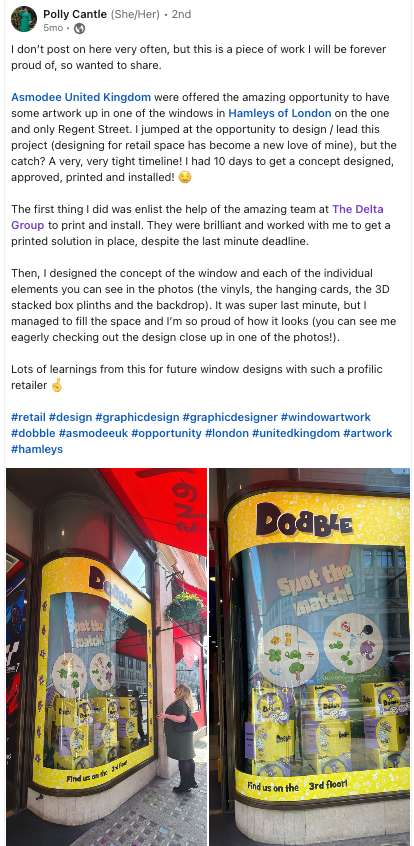 TheDeltaGrp's tweet photo. CASE STUDY: Asmodee Hamley's
Our Display team were invited by #Asmodee to assist with a campaign at #Hamleyโs Toy store to showcase their card game #Dobble. The designer at Asmodee gave us excellent feedback! #empoweringimagination #thedeltagroup See more https://t.co/fgCNsWfNo0 https://t.co/1yx5ZOrDfB