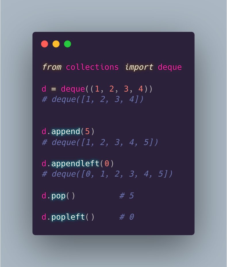 bascodes's tweet image. 💡🐍 A list is a basic data type in Python.

But what is a deque?

Let&apos;s find out! 👇

#pythontip #tweet100