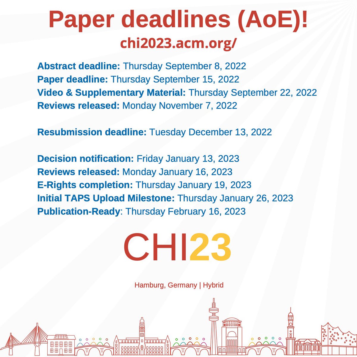 📣 Around a month to go before the CHI’23 Paper deadline: Thursday September 15, 2022 (AoE) ⏳ #reCHInnecting #chi2023 #sigchi ps. don’t forget to take care of yourself as you sprint. 🧘‍♀️ 🔗 chi2023.acm.org/for-authors/pa…