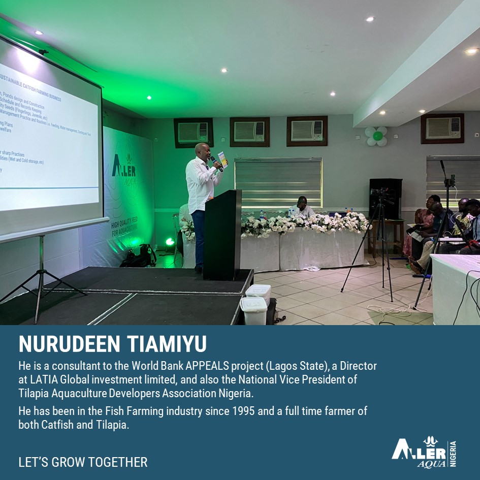 AllerAqua_nig's tweet image. Great farmers, Mr Nurudeen Tiamiyu advises farmers at the 2022 Aller Aqua Farmers Training Workshop Series 5 on how to become a sustainable fish farm business owner. He is the National Vice President of Tilapia Aquaculture Developers Association and has been in the fish farming