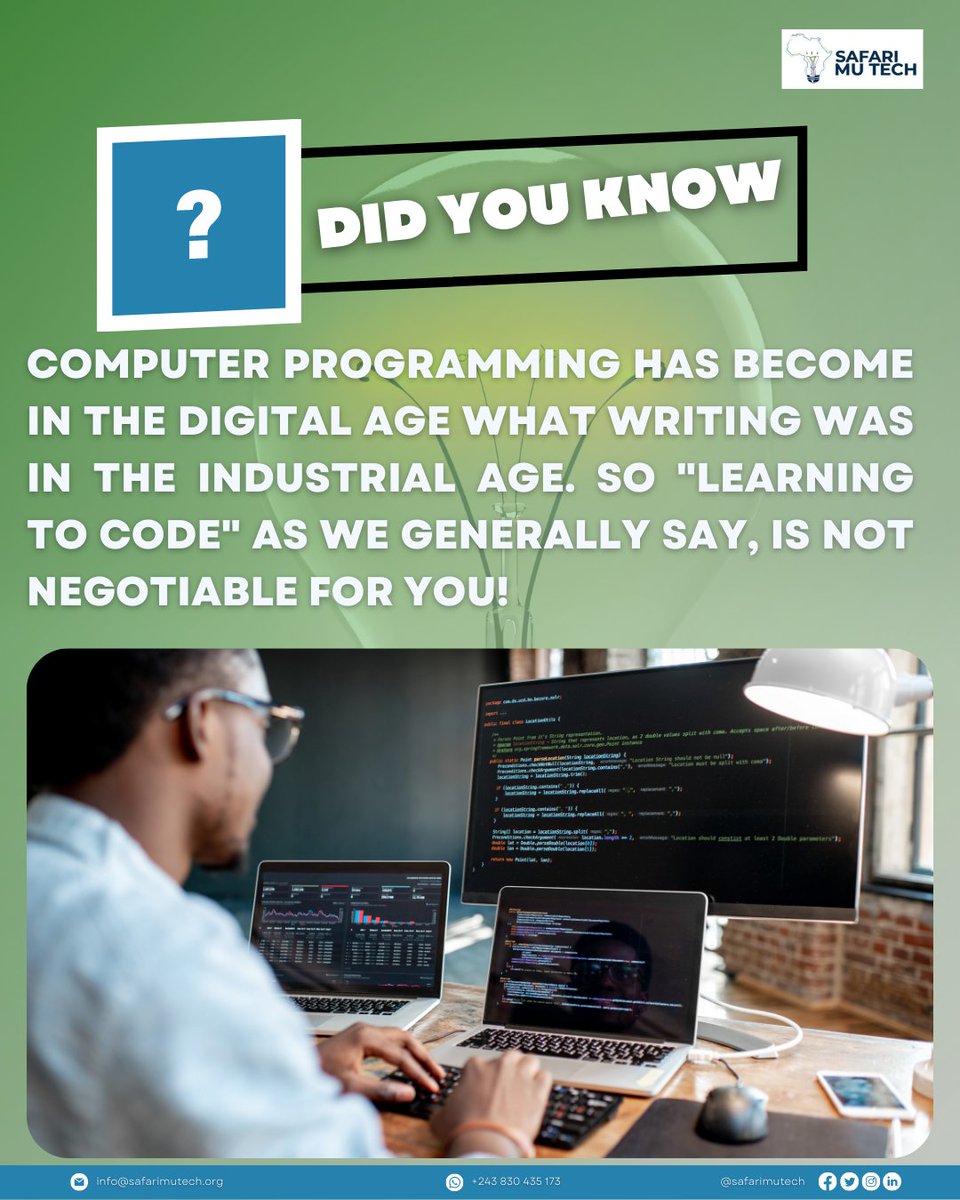✅ Digital activities all require a minimum of computer programming know-how, whether it's to develop a simple task automation routine, or to write an automatic Job execution scheduling script.
#safarimutech #STEM #coding #codinglife #learning  #STEMeducation #RDCongo #Africa