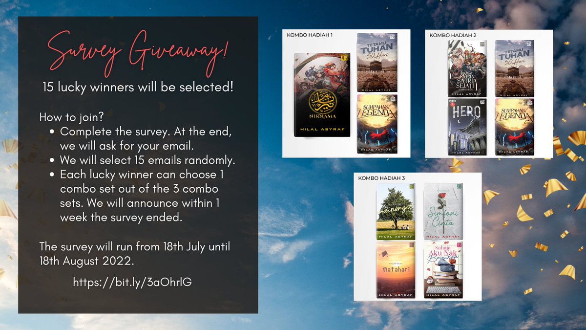 DrAmaliAmin's tweet photo. Join now! Few more days until it ends!

Prizes of 15 sets of books by @HilalAsyraf! 15 lucky winners will be selected randomly.

For Malaysian Muslims. Ends on 18th Aug 2022, 11:59PM!

To join, complete the survey &amp; provide your email.

Survey: https://t.co/rmCHuBLjP5

Thank you! https://t.co/afUDznQJ1d