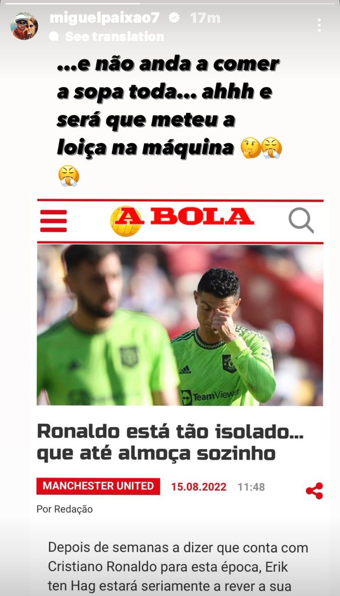 Miguel Paixao, Cristiano Ronaldo's closest friend mocking the news about how isolated Ronaldo is in the canteen 😂, which confirms it is a made up story.
