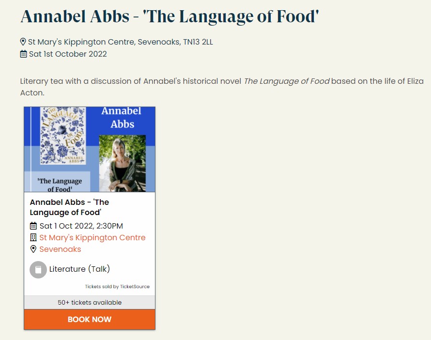 Sara-Jade Virtue (@bookminxsjv) on Twitter photo SO looking forward to seeing <a href="/annabelabbs/">Annabel Abbs</a> at the <a href="/Sevenoakslit/">Sevenoaks Literary Festival</a> <a href="/7OaksBookshop/">Sevenoaks Bookshop</a> afternoon Literary tea event on 1st October, talking all things #TheLanguageOfFood.
ticketsource.co.uk/booking/select… SO looking forward to seeing <a href="/annabelabbs/">Annabel Abbs</a> at the <a href="/Sevenoakslit/">Sevenoaks Literary Festival</a> <a href="/7OaksBookshop/">Sevenoaks Bookshop</a> afternoon Literary tea event on 1st October, talking all things #TheLanguageOfFood.
ticketsource.co.uk/booking/select…