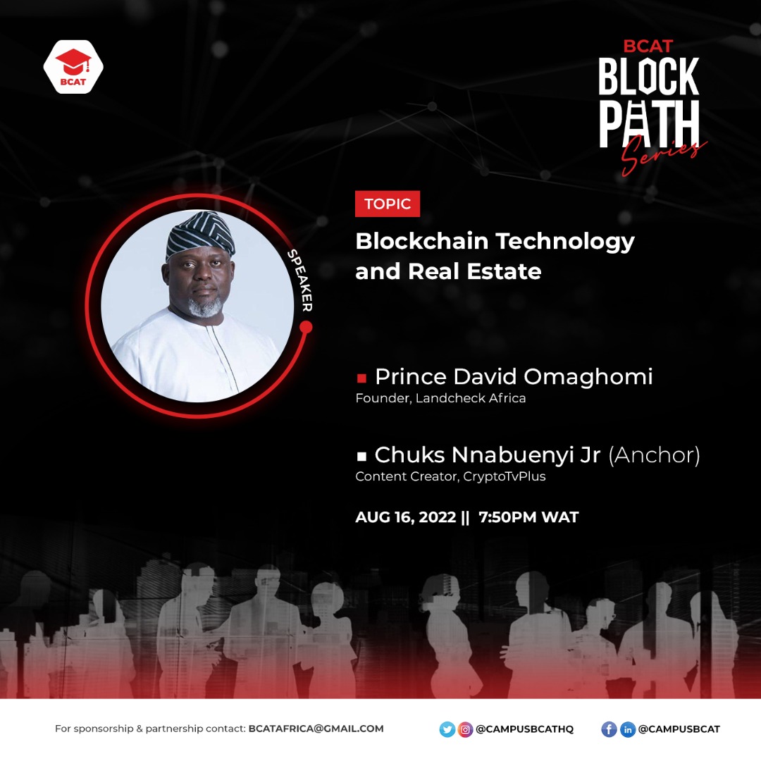 Chinonsoajr's tweet photo. Owning a land in the web3 space is now a reality. Join us today as we talk on Blockchain technology and real estate.
#BCATBlockPathsSeries #BCATAfrica #CampusBCAT #CampusBCATAfrica
@david_omaghomi
@LandcheckAfrica
@campusbcatHQ
https://t.co/c316RXfcqA https://t.co/ZMknkdmlbz