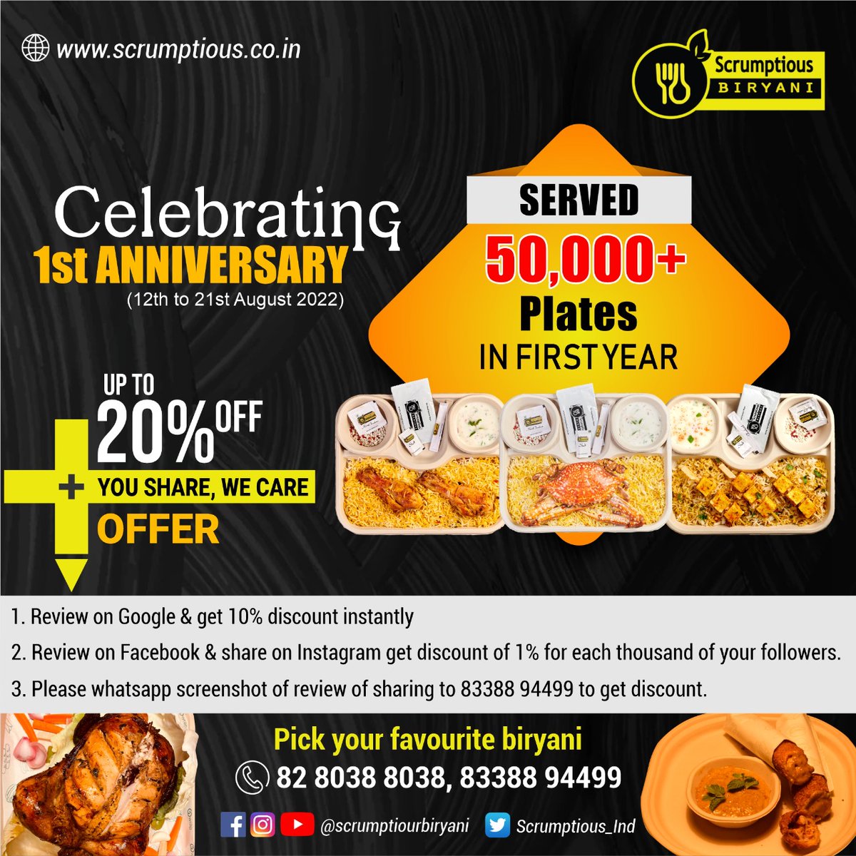 scrumptious_ind's tweet photo. #Scrumptious Anniversary #Celebration is going on till 21st August 2022.

Join us with your friends/ family to explore our new menu and grab the special #offers .

⦿ Call/ WhatsApp on 8280388038 / 83388 94499 for a Home Delivery order.

#Biryani #foodblogger #Bhubaneswar #Odisha https://t.co/6xsTyJ7hLQ