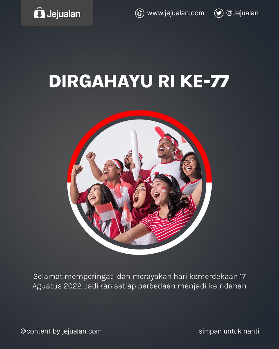 Jejualan's tweet photo. Dirgahayu Republik Indonesia yang Ke-77 🇮🇩

Mari selalu mengingat kalau perbedaan adalah penyatu dalam banyak hal 🇲🇨 🥰

#HUTRI #Agustusan #LombaAgustusan #17agustus #Indonesia #Merdeka #Jejualan https://t.co/MptBOlAYfv