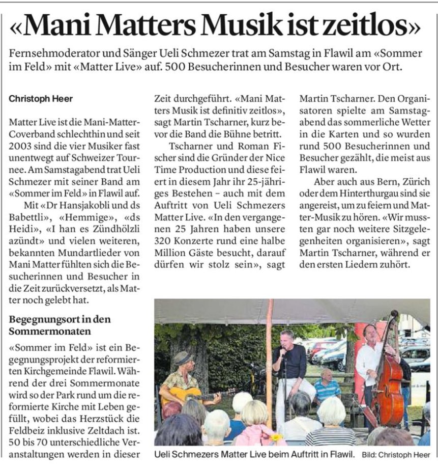 Nice Time Productions (@nicetimeproduc) on Twitter photo Rückblick Matterlive aus Wiler Zeitung vom 15. Aug. 2022. <a href="/DieMitteFlawil/">DieMitteFlawil</a> <a href="/FCFlawil/">Fussballclub Flawil</a> <a href="/kantonsg/">Kanton St.Gallen</a> @KantonsspitalSG <a href="/sanktgaIIen/">Kultur St. Gallen</a> @CulturaCH #nicetime #martintscharner #manimatter #matterlive Rückblick Matterlive aus Wiler Zeitung vom 15. Aug. 2022. <a href="/DieMitteFlawil/">DieMitteFlawil</a> <a href="/FCFlawil/">Fussballclub Flawil</a> <a href="/kantonsg/">Kanton St.Gallen</a> @KantonsspitalSG <a href="/sanktgaIIen/">Kultur St. Gallen</a> @CulturaCH #nicetime #martintscharner #manimatter #matterlive