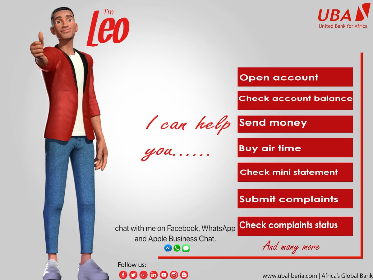 UBA__Liberia's tweet photo. With UBA Virtual Banker (Leo), you can do more with your bank account wherever you are. you can open an account, get an account statement, buy airtime and internet Data, and much more.
#VirtualBanker
#digitalbanking
#AfricasGlobalBank https://t.co/j7swWPa704