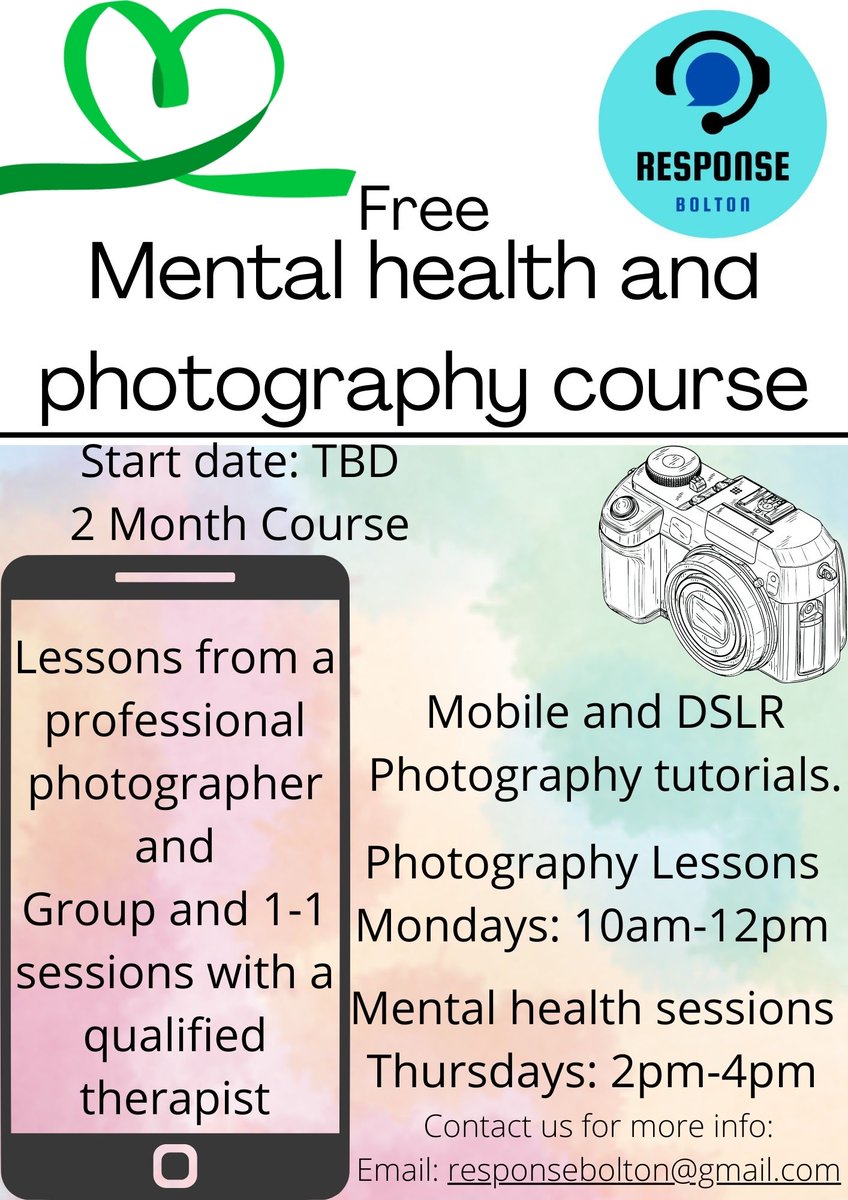 Response_Bolton's tweet photo. Contact us now to book your space on our free mental health photograph course! 📸
We're aiming to start in September but currently have no date set. https://t.co/uZ57kbEHaF