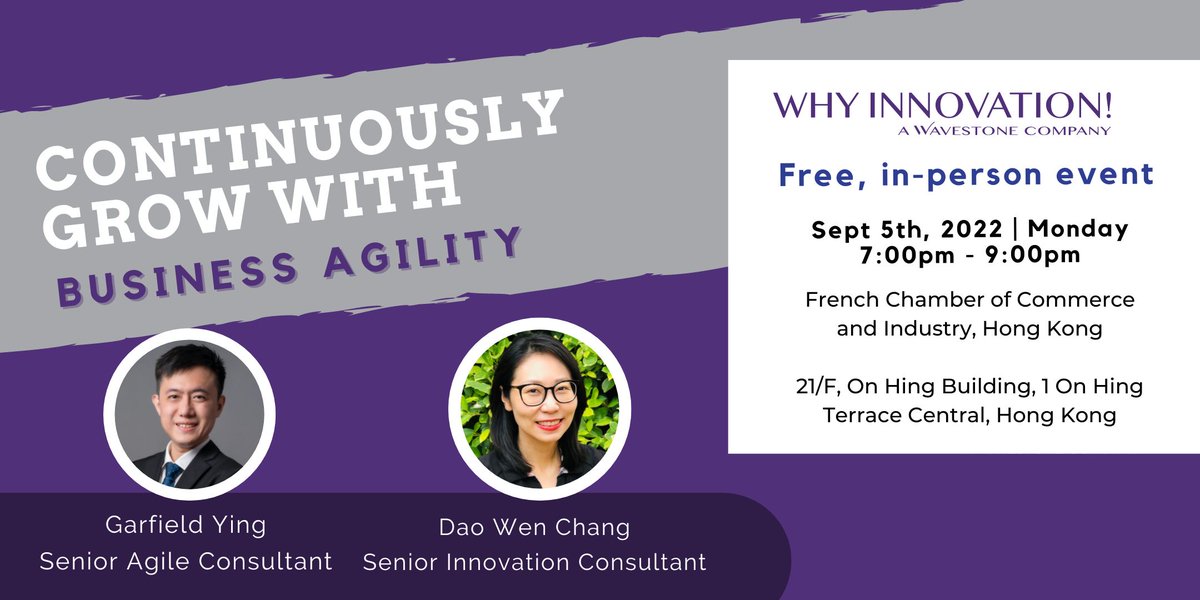 Is your organisation adaptable, flexible and resilient to external factors? Do you want to be?

Senior #Agile and #Innovation Consultants Garfield Ying &amp; Dao-Wen Chang will be conducting a free, in-person event in #HongKong on 5th Sept. 

Register: eventbrite.com/e/continuously…