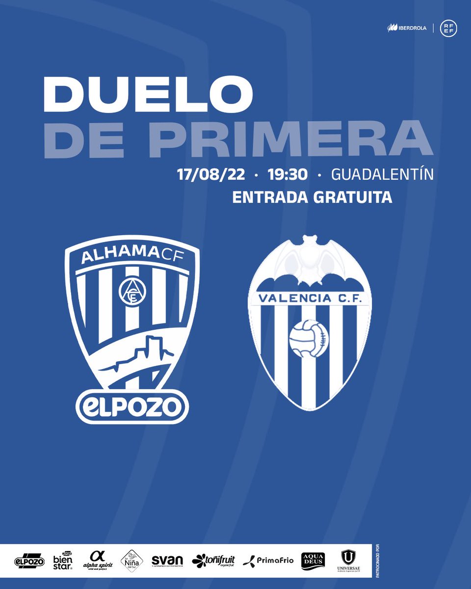 ⚽️ El #AlhamaElPozo recibe en el #Guadalentín a un rival de Primera al que nos enfrentaremos esta temporada.

Entrada 🎫 gratuita. ¿Vienes a animarnos?

🆚 <a href="/VCF_Femenino/">Valencia CF Femenino #ADNVCF</a> 
🏟️ Complejo Deportivo Guadalentin 
🕑 Miércoles 19:30h

#AlhamaValencia #PretemporadaACF #DelBarroAlCielo