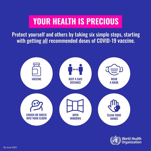 We’re still living with #COVID19, even if cases seem low. Help less people get sick by taking six simple steps:
1️⃣ Get vaccinated
2️⃣ Keep a safe distance
3️⃣ Wear a mask
4️⃣ Cover sneezes/coughs
5️⃣ Open windows
6️⃣ Clean your hands

Your health is precious.