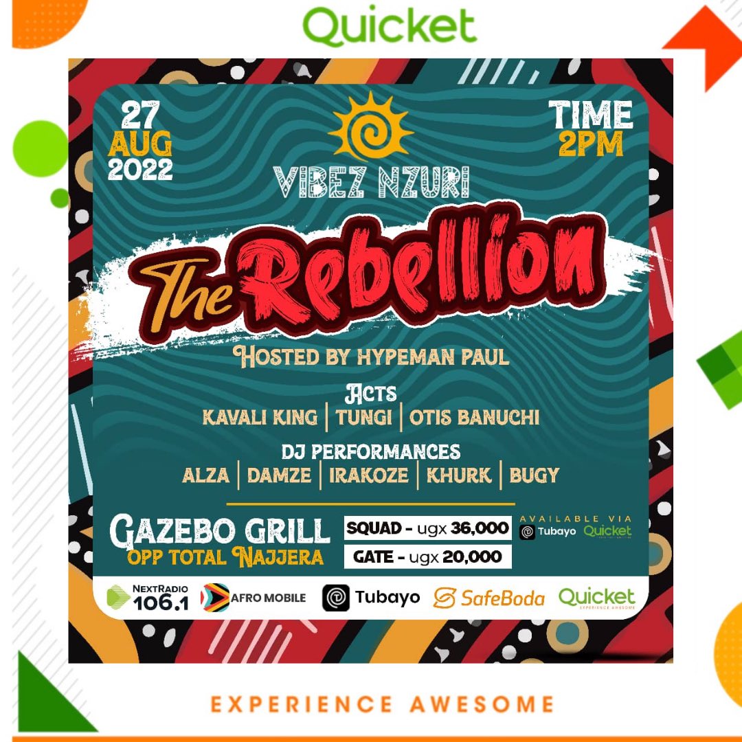 VibezNzuri's tweet photo. Come through experience  the new urban  vibe of music, art and vibes this 27th Aug at @GAZEBO_GRILL 
Don't forget to get your squad tickets  now 🚨 on @QuicketUG 
https://t.co/F0Yk0A1tAa https://t.co/BIDRFuCg2Y