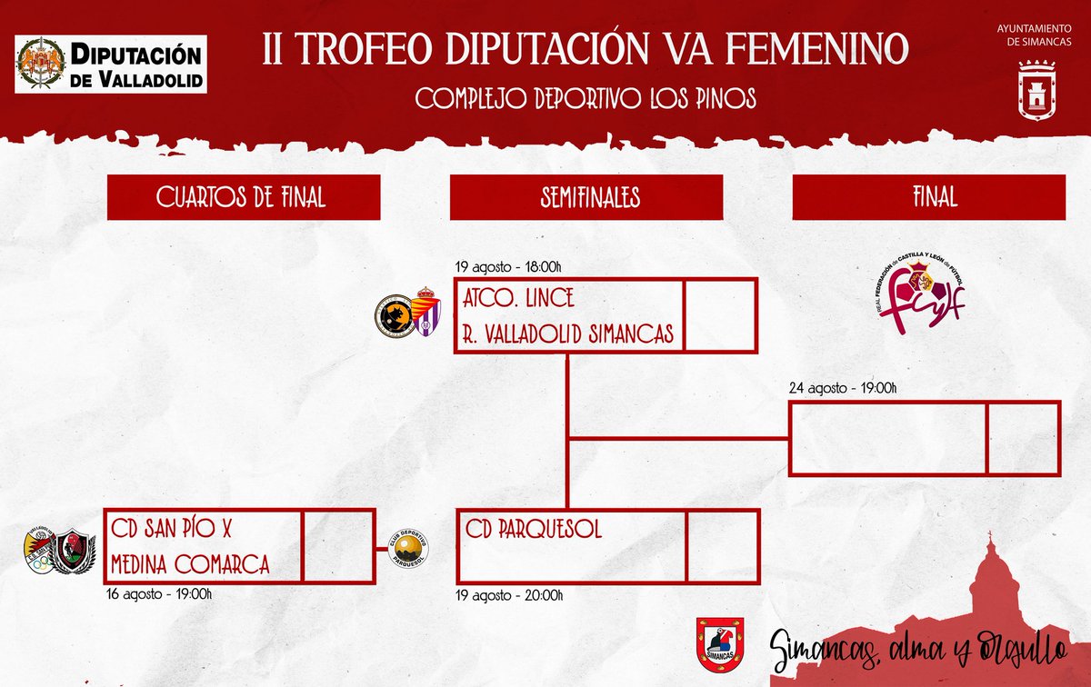 🏆 Qué ganas teníamos de decir esto: ¡ARRANCA EL TROFEO <a href="/Dip_Va/">Diputación de Valladolid</a>!

Hoy, desde las 19h, el <a href="/SanPioxFem/">C.D. San Pio X Femenino de Valladolid🔴⚪️</a> y <a href="/futfemmedina/">CD Futbol Femenino Medina-Comarca</a> abren la II Edición Femenina 👇🏼

¡Te esperamos en Los Pinos! Y si no puedes venir, recuerda que <a href="/la8valladolid/">La 8 Valladolid</a> emitirá el encuentro ⚽💪🏼

#SimancasAlmayOrgullo