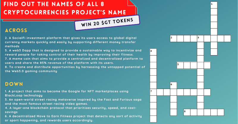 Gate's tweet photo. Solve this #crypto criss-cross puzzle

One lucky right answer winner will win 20 $GT Tokens

Hint 1 - All these projects were recently listed on #Gateio 
Hint 2 - Search the hints on Google &amp; type "https://t.co/8kWqgDWNXb" at the end of the search

#cryptocurrency #BTC #Bitcoin