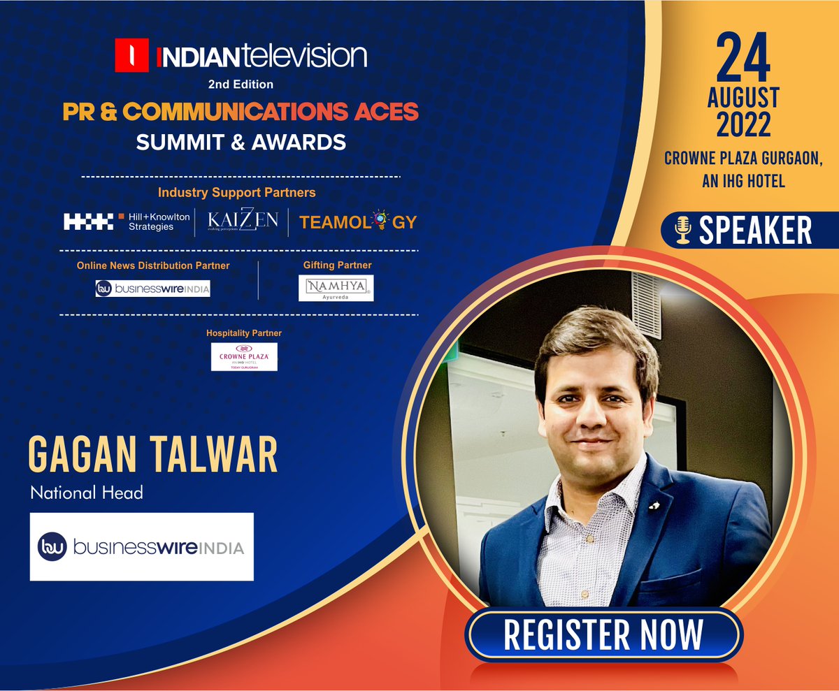 ITVNewz's tweet photo. Meet @gagan__talwar , National Head, @BusinessWire as our esteemed speaker for The PR &amp; Communication Aces Summit &amp; Awards 2022!

Date: 24 August 2022
Location: Crowne Plaza Gurgaon, An IHG Hotel

Register Now: https://t.co/qNOB5h06Tv

#PRCA2022 https://t.co/NtRCTxwlpW