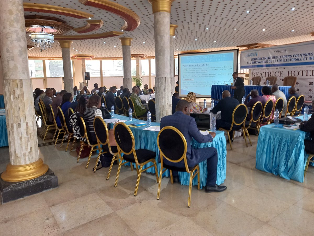 Happening now : Atelier de renforcement des leaders politiques sur les innovations de la loi électorale et inclusion
<a href="/ONUFemmesRDC/">ONU Femmes RDC</a> 
<a href="/PNUDRDC/">PNUD RDC</a> 
<a href="/NDI/">National Democratic Institute</a> 
<a href="/DynafecrdcO/">Dynafecrdc officiel</a> 
<a href="/AWLN_RDC/">AWLN_RDC</a>