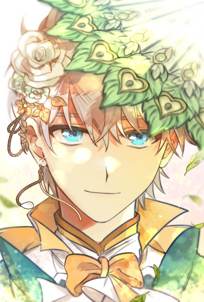 1boy male focus blue eyes flower solo smile looking at viewer  illustration images