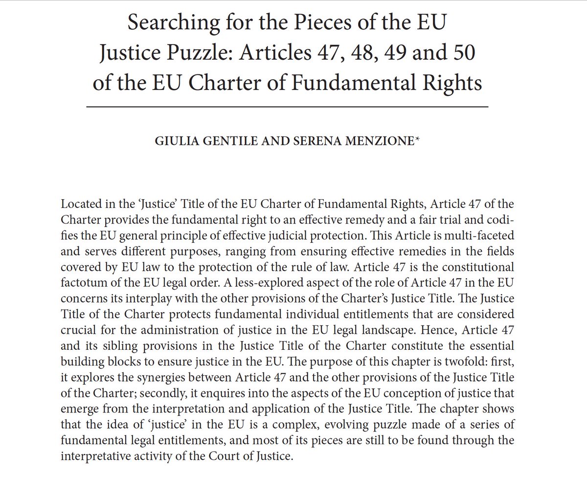 Proofs in and submitted! In this piece with @menzione_serena, we have tried to distil the evolving conception of #justice emerging from the homonymous title of the #EUCharter in the light of the relevant case law and the wording of Articles 47-50 of the EU Charter.