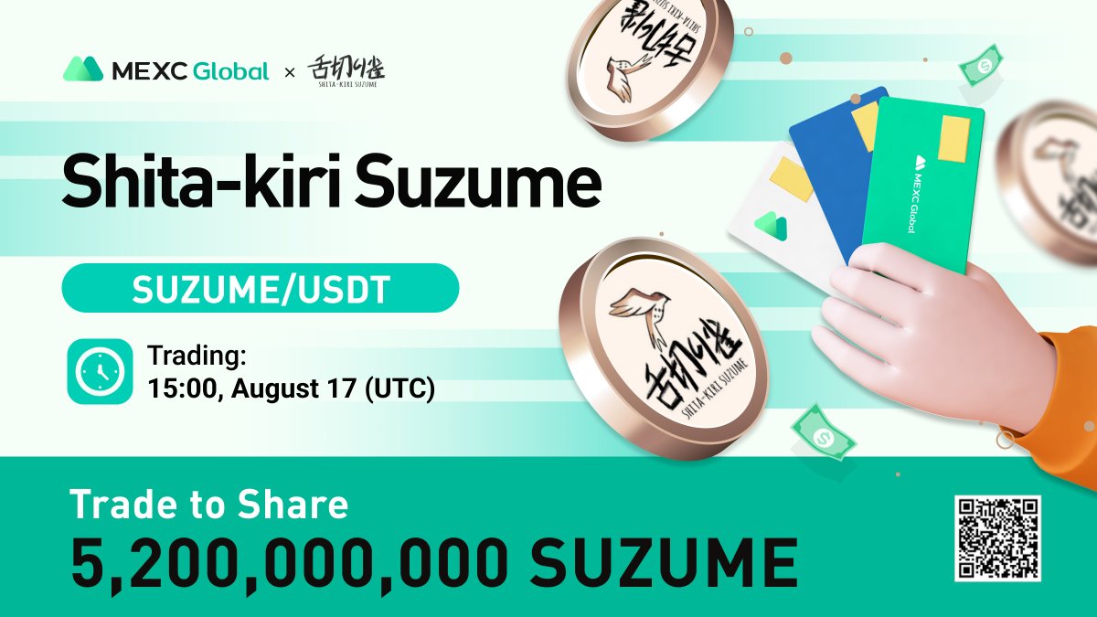 MEXC (@mexc_official) on Twitter photo 📈 $SUZUME/USDT will list as a spot trading pair in the Innovation Zone at 15:00 on Aug 17 (UTC). <a href="/s_shitakiri/">Shita-kiri Suzume</a>
🎁Trade to Share 5,200,000,000 $SUZUME
Details: bit.ly/3A25MYU
💚Sign up: bit.ly/3nX4h91
#MEXCGlobal #shitakiri #finenextmoonshot 📈 $SUZUME/USDT will list as a spot trading pair in the Innovation Zone at 15:00 on Aug 17 (UTC). <a href="/s_shitakiri/">Shita-kiri Suzume</a>
🎁Trade to Share 5,200,000,000 $SUZUME
Details: bit.ly/3A25MYU
💚Sign up: bit.ly/3nX4h91
#MEXCGlobal #shitakiri #finenextmoonshot