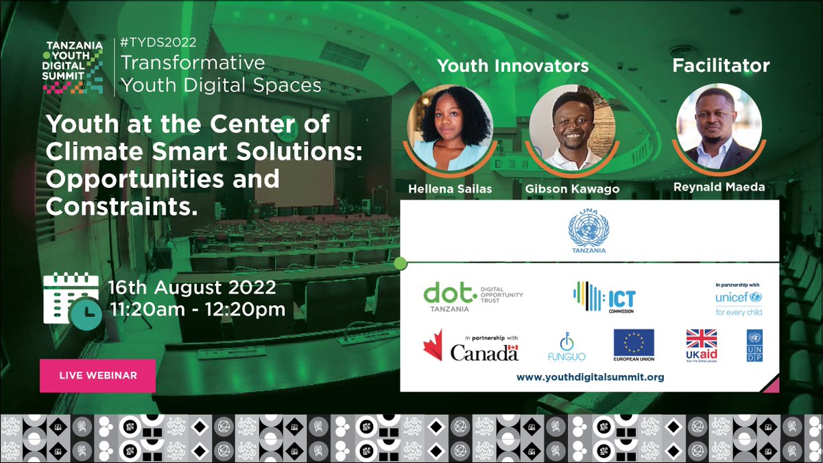 DOTTanzania's tweet photo. #HappeningNow With a growing population in Tanzania, youth are a fundamental part of creating locally-contextualized interventions to mitigate the impact of climate change.

Join this discussion: https://t.co/VUtkIWHfKk

#TYDS2022 is powered by:
@UNICEFTanzania @CanadaDev @undptz https://t.co/eTMp9YKwlI