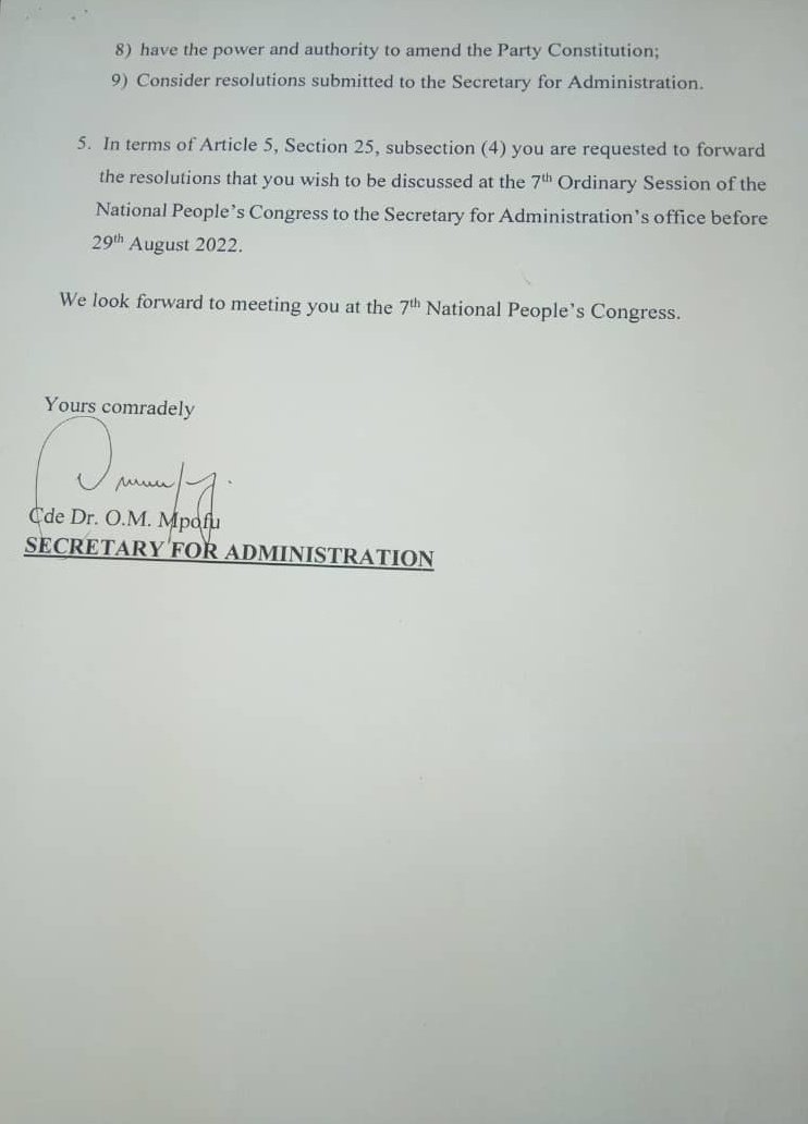 ProfJNMoyo's tweet photo. ZanuPF (@ZANUPF_Official) secretary for administration @DrObertMpofu has written to the party’s key organs to convene the "7th National People's Congress" on 26-29 October 2022, at Robert Mugabe Square, in Harare! https://t.co/pnWiH91F2m