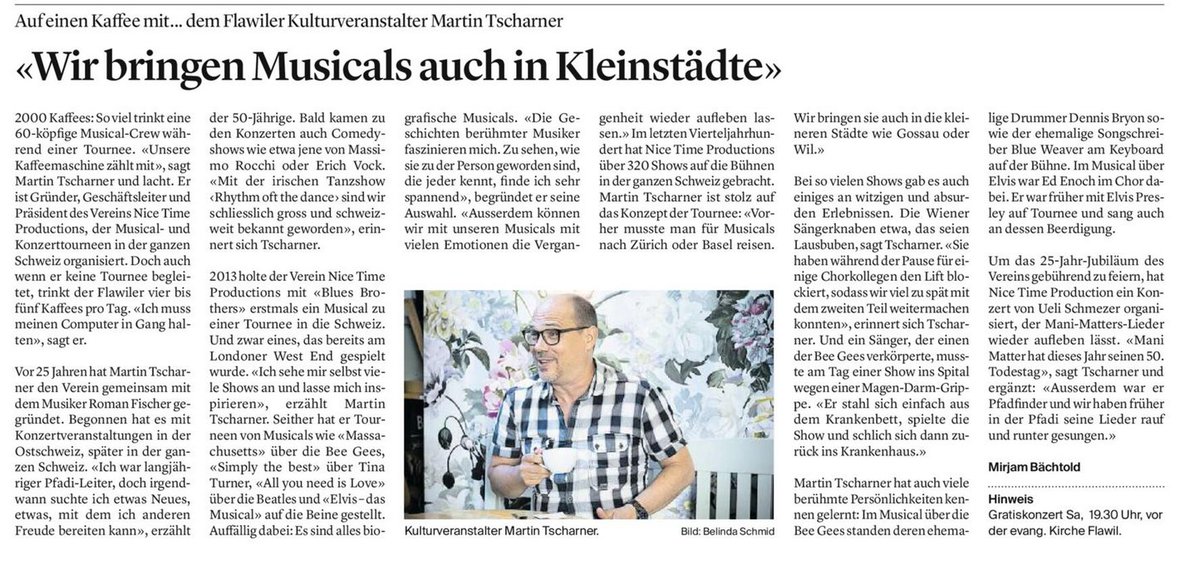 Nice Time Productions (@nicetimeproduc) on Twitter photo 25- Jahre Verantalter Nice Time, ein Rückblick aus dem Tagbaltt vom 11. Aug. 2022.epaper.tagblatt.ch/read/117/117/2…
<a href="/kantonsg/">Kanton St.Gallen</a> @KantonsspitalSG @CulturaCH <a href="/sanktgaIIen/">Kultur St. Gallen</a> <a href="/FCFlawil/">Fussballclub Flawil</a> <a href="/DieMitteFlawil/">DieMitteFlawil</a> <a href="/FCSG_1879/">FC St.Gallen 1879 GRÜEWISS IM HERZ</a> #ncietime #martintscharner #manimatter 25- Jahre Verantalter Nice Time, ein Rückblick aus dem Tagbaltt vom 11. Aug. 2022.epaper.tagblatt.ch/read/117/117/2…
<a href="/kantonsg/">Kanton St.Gallen</a> @KantonsspitalSG @CulturaCH <a href="/sanktgaIIen/">Kultur St. Gallen</a> <a href="/FCFlawil/">Fussballclub Flawil</a> <a href="/DieMitteFlawil/">DieMitteFlawil</a> <a href="/FCSG_1879/">FC St.Gallen 1879 GRÜEWISS IM HERZ</a> #ncietime #martintscharner #manimatter