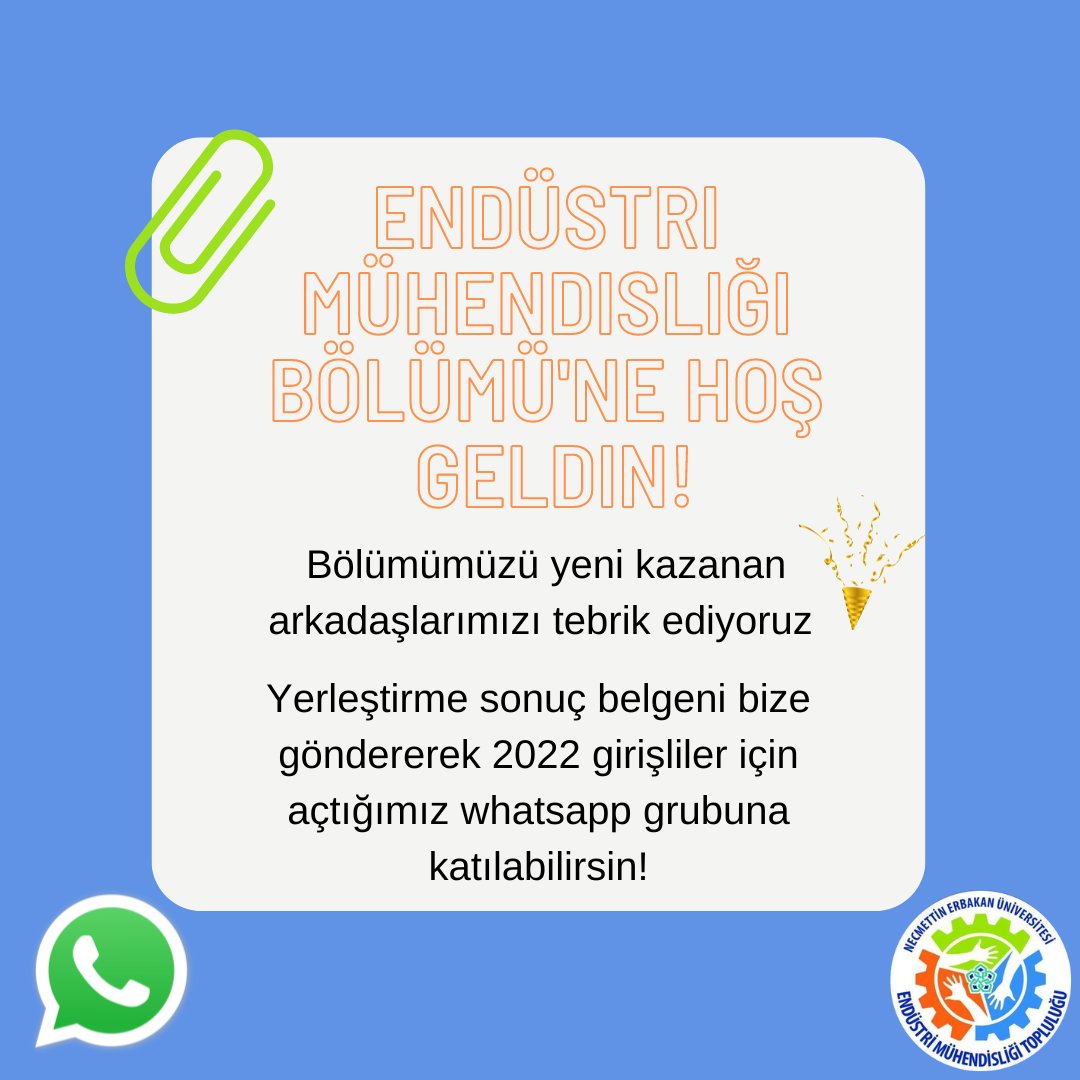 emtneu's tweet photo. Aramıza hoşgeldiniz 🎉 Endüstri Mühendisliği topluluğu olarak beraber birçok etkinlik yaptığımız, herkes için güzel geçecek bir dönem diliyoruz! 2022 girişliler için açtığımız whatsapp grubuna yerleştirme belgeni bize göndererek katılabilirsin! 👥✨#neü #emt #endustrimuhendisligi https://t.co/jimvhlWkex