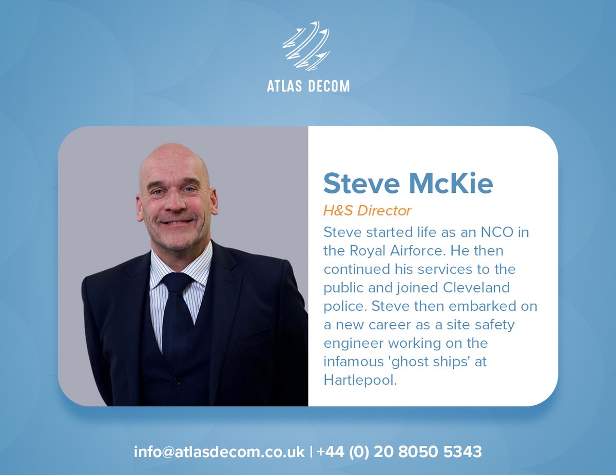 AtlasDecom's tweet photo. Meet our H&amp;S Director, Steve 👋

After finishing careers with the Air Force and Cleveland Police, Steve put his keen eye for detail to good use as a safety engineer working on the 'ghost ships' at Hartlepool🚢

He also has a number of qualifications including IOSH and NEBOSH  🔐 https://t.co/sjGfzKF2ZC