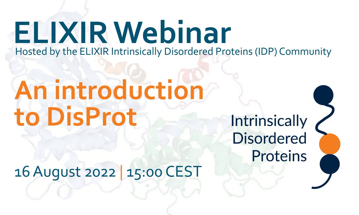👨‍🔬 Working with Intrinsically Disordered #Proteins and want to learn more about #DisProt? Join our the ELIXIR webinar this afternoon!
➡️ Register now: loom.ly/oJSOC-s

2nd webinar: 📆 23 August 2022 🔗 loom.ly/tPioEY4