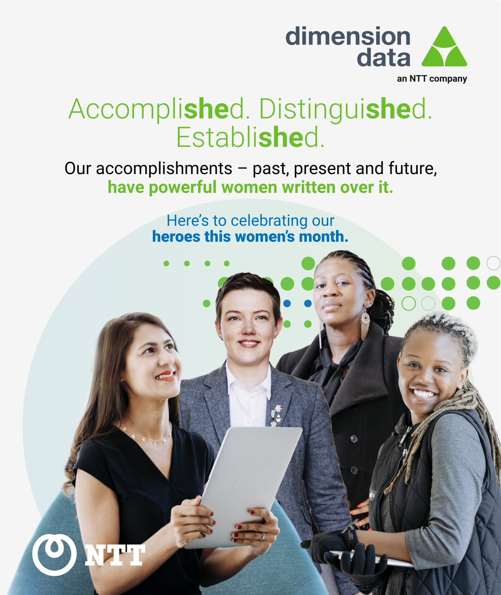 NTTDATAMEA's tweet photo. This #WomensMonth, Dimension Data celebrates the exceptional women that form part of our organisation. Because when the playing field is level, and every voice is heard, we are stronger. That’s the power of an int(h)erconnected workforce. #DDNTTInterconnected #WomenintheWorkplace https://t.co/kELmnFm1Ko