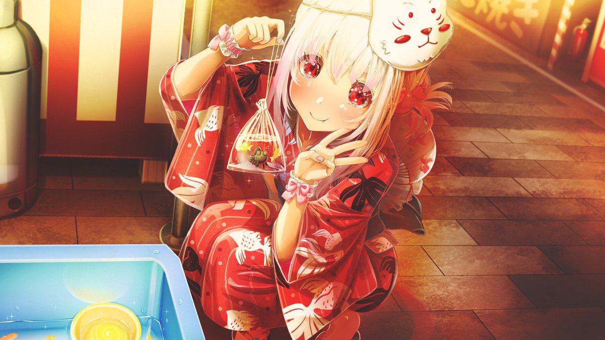 1girl japanese clothes red eyes kimono solo smile white hair  illustration images