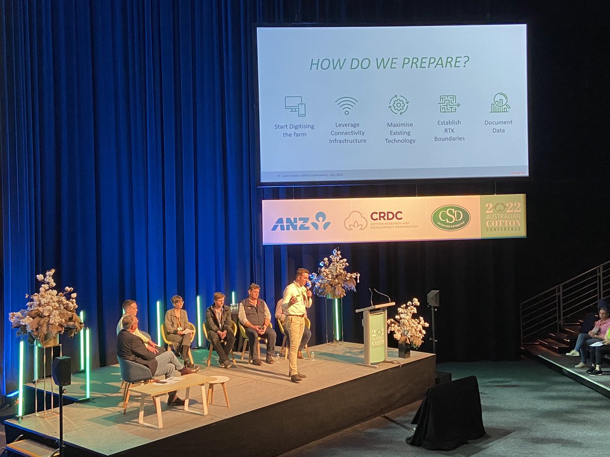 jimbohall's tweet photo. Great first day at the #cotton22 conference, learning about technology for future farming, with Ben Kelly from @JohnDeereAUNZ looking forward to “your farm in 2037”. @CottonAustralia @polanna1 https://t.co/xxNtIy7uDS