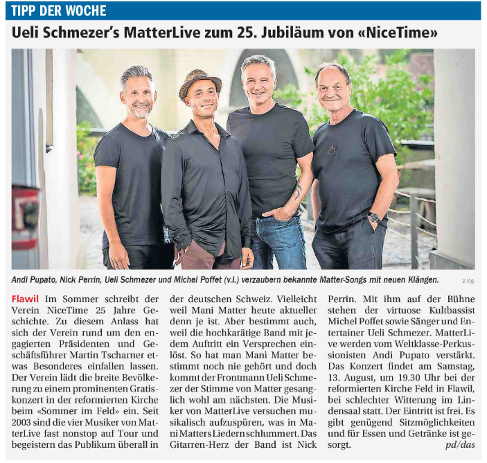 Nice Time Productions (@nicetimeproduc) on Twitter photo Vorschau Matterlive zum 25. Jubiläum von Nice Time.
<a href="/kantonsg/">Kanton St.Gallen</a> @KantonsspitalSG <a href="/mitte_stadtsg/">Die Mitte Stadt St.Gallen</a> <a href="/FCSG_1879/">FC St.Gallen 1879 GRÜEWISS IM HERZ</a> <a href="/jglp_sg/">jglp St.Gallen</a> @CulturaCH <a href="/sanktgaIIen/">Kultur St. Gallen</a>
#nicetime #matterlive #martintscharner Vorschau Matterlive zum 25. Jubiläum von Nice Time.
<a href="/kantonsg/">Kanton St.Gallen</a> @KantonsspitalSG <a href="/mitte_stadtsg/">Die Mitte Stadt St.Gallen</a> <a href="/FCSG_1879/">FC St.Gallen 1879 GRÜEWISS IM HERZ</a> <a href="/jglp_sg/">jglp St.Gallen</a> @CulturaCH <a href="/sanktgaIIen/">Kultur St. Gallen</a>
#nicetime #matterlive #martintscharner