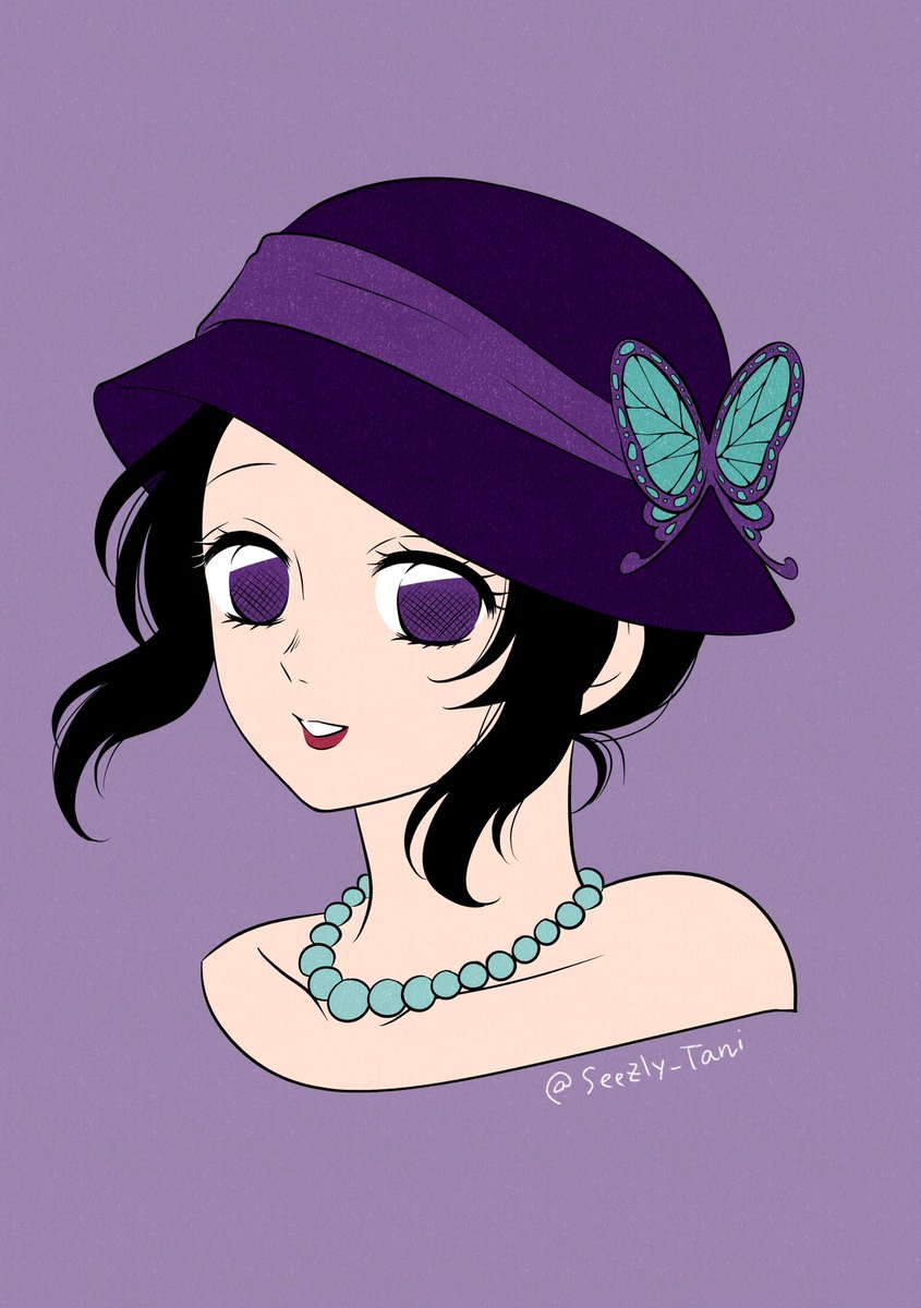 kochou shinobu 1girl solo hat purple background necklace butterfly hair ornament purple eyes  illustration images