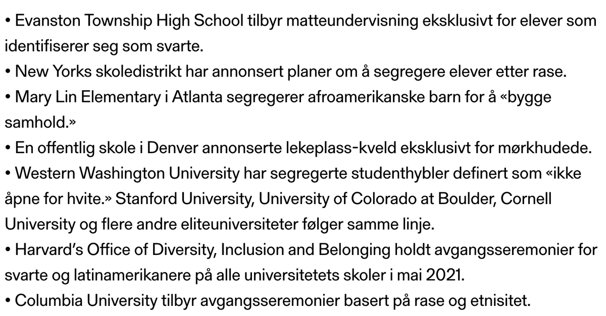 Torkil's tweet photo. Subjekt har publisert innlegg X i rekka om hvor forferdelig ting kulturkrigen er i USA. En suppe du kan lese her:

https://t.co/NCViUDQ2Qx

Bla. har den 7 eksempler på omvendt segregering, uten kildehenvisning. Så jeg bestemte meg for å lete etter kilder.

Tråd https://t.co/Xr5CeDEINu