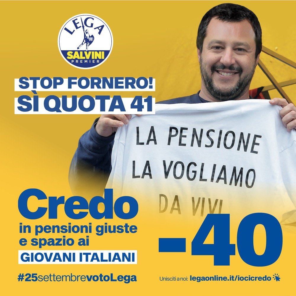 -40. #Credo in pensioni giuste e spazio ai giovani italiani. 🇮🇹
STOP FORNERO, SI' A QUOTA 100.
Dopo 41 anni di contributi si potrà accedere alla pensione, punto. 
(1/7)