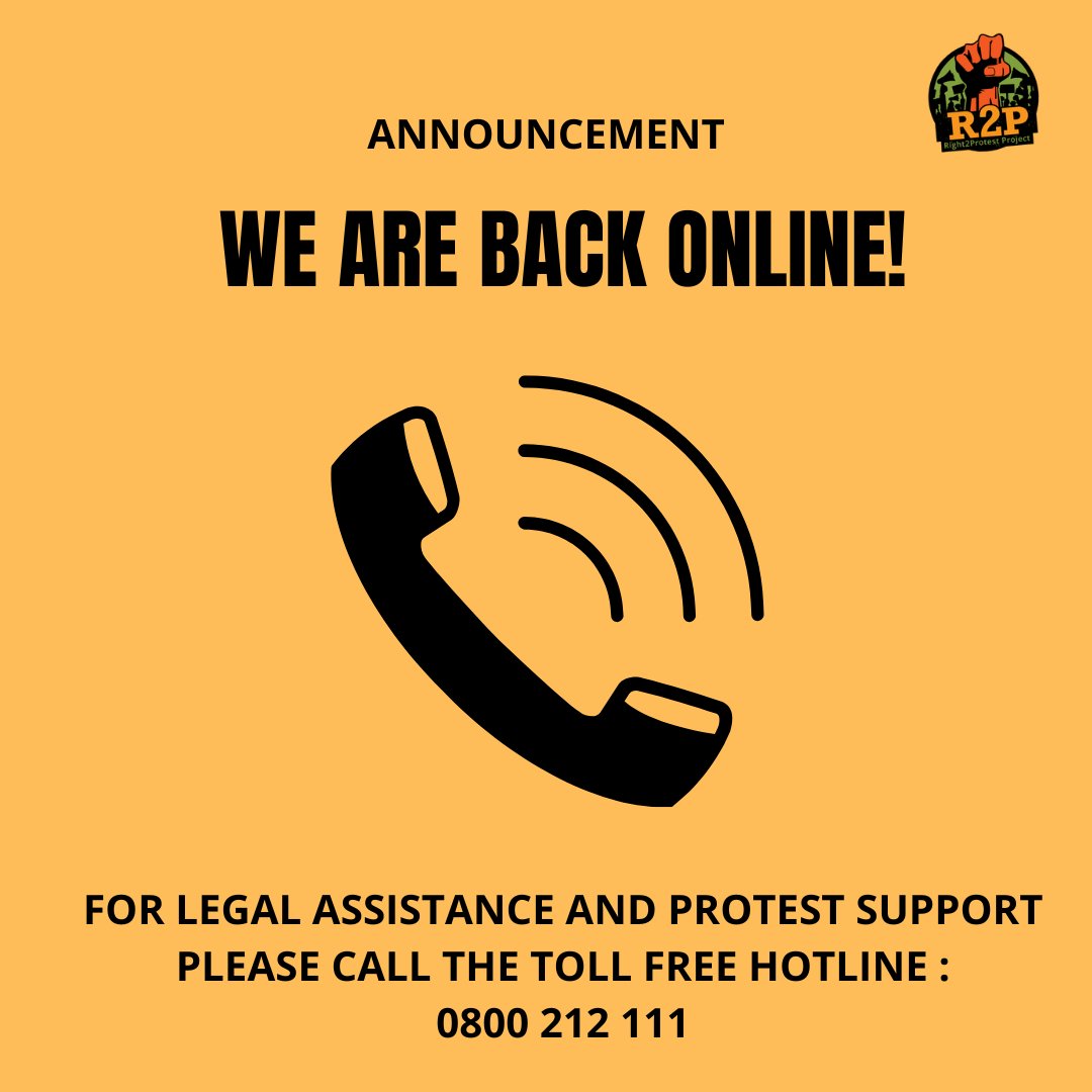 ProtestZa's tweet photo. ANNOUNCEMENT📢
Our toll-free hotline was offline due to technical challenges, but we are now back online. For legal assistance and protest support please call: 0800 212 111
Please retweet for awareness!
#RIGHT2PROTEST
#R2PHOTLINE
#PROTESTSUPPORT https://t.co/YlxjRV1Ape