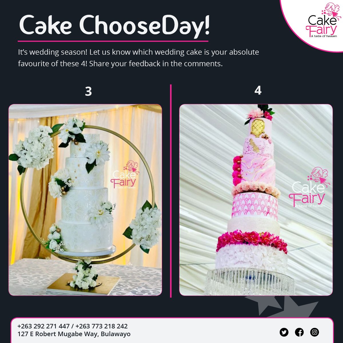 CAKE CHOOSEDAY! WEDDING EDITION
It’s wedding season! Let us know which wedding cake is your absolute favourite of these 4! Share your feedback in the comments.

#cakefairyzim #cakefairyzimweddingcakes #zimweddings #lovewins #byo #zw #vrzmb